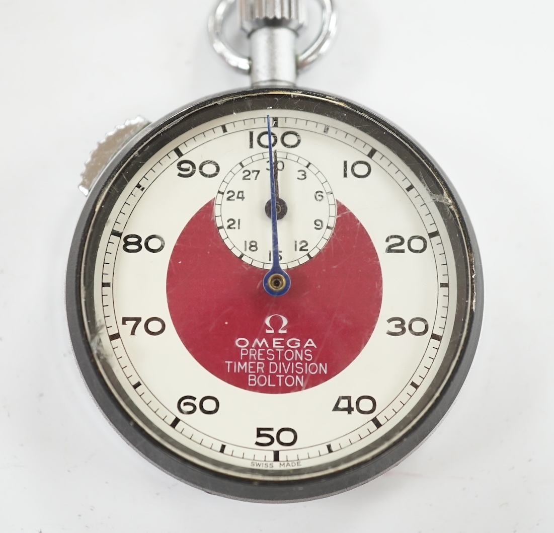 A chrome cased Omega Preston’s Timer Division Bolton stop watch, with Omega box. Condition - poor